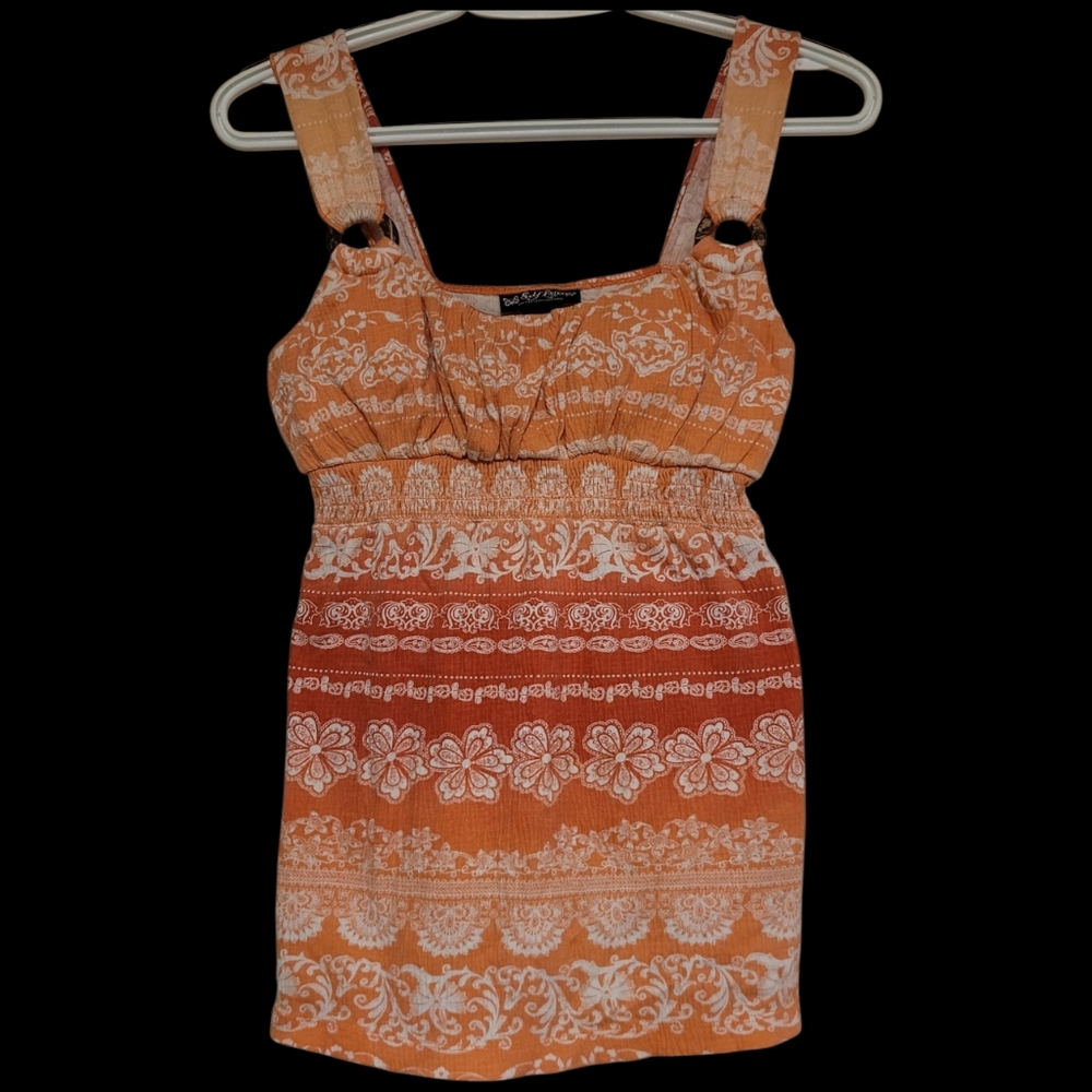 Y2K Self Esteem Coral Orange Ombre Babydoll Top Sleeveless Tie Back Accent Large